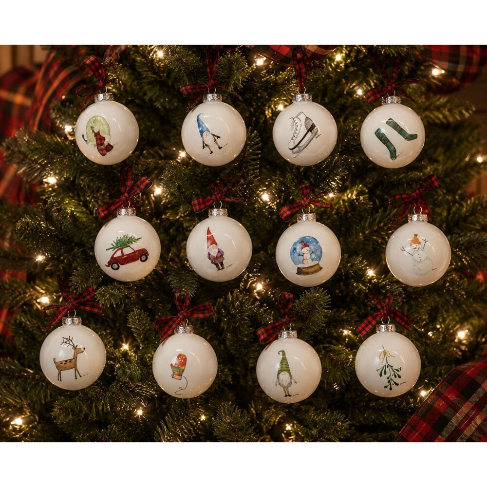 Rae Dunn Christmas Ornaments Set of 12 Glass Baubles Gnome Snowman Skate NEW